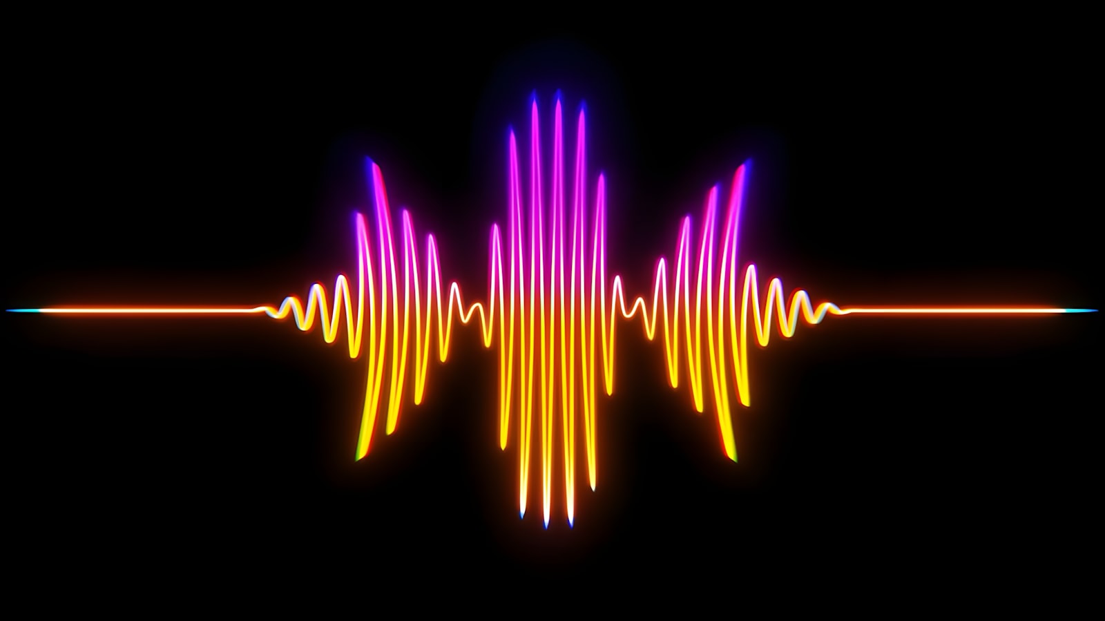 A neon audio waveform on a black background, the amplitude signal a music visualizer's beat detector reads to find each hit